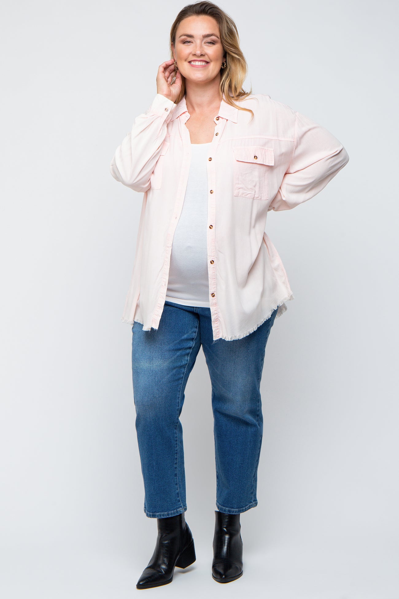 Peach Button Up Fringe Hem Maternity Plus Top