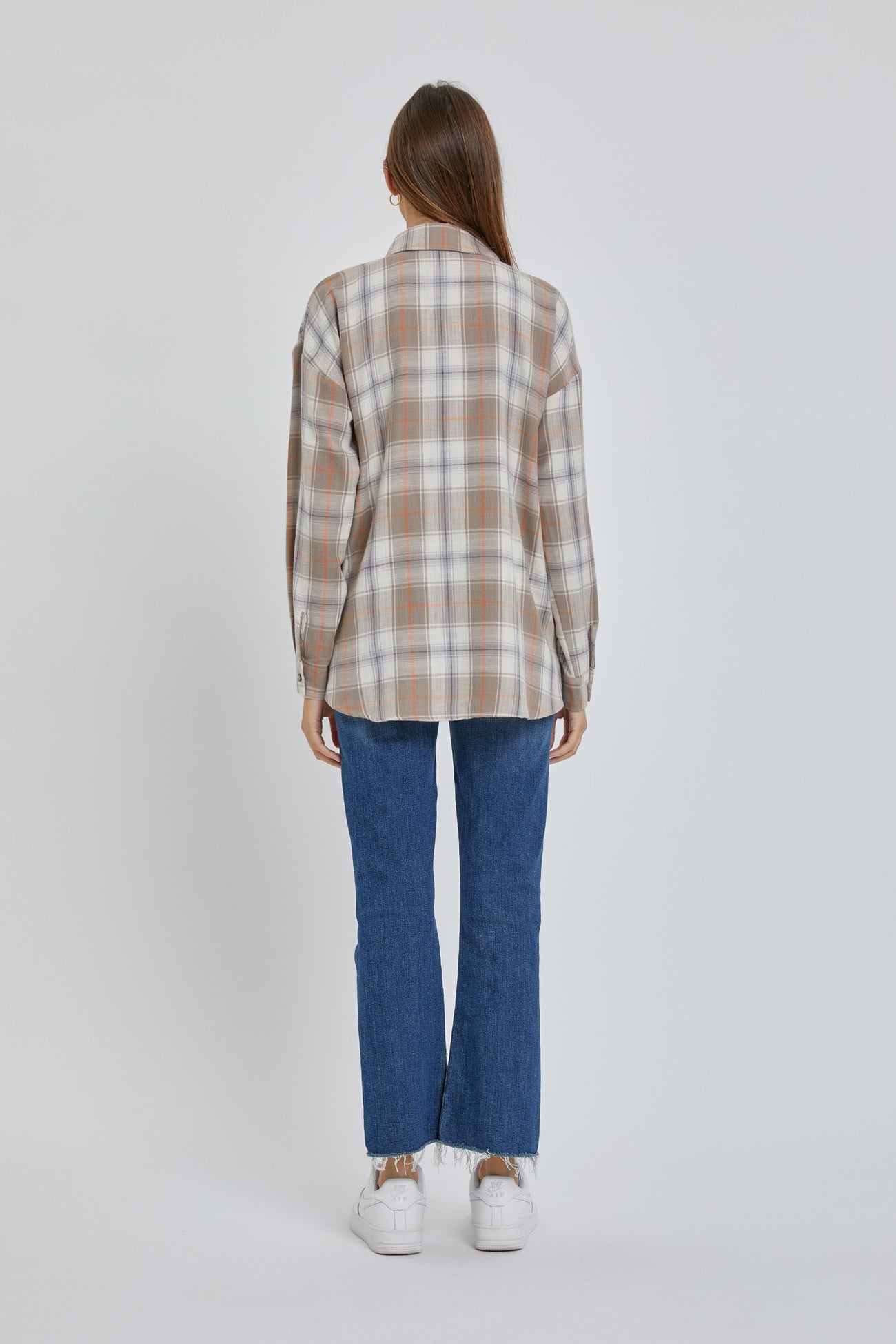 Taupe Flannel Plaid Button Up Top