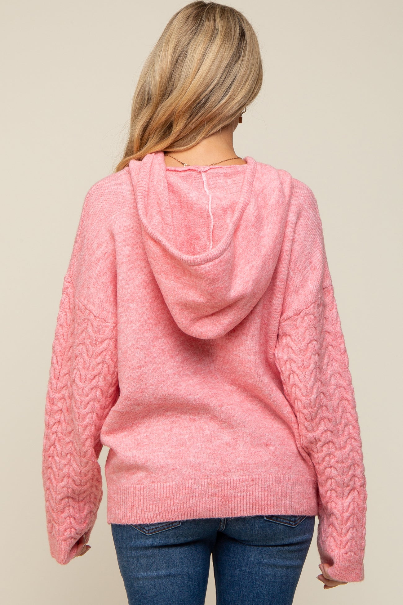 Pink Mixed Knit Maternity Hooded Sweater