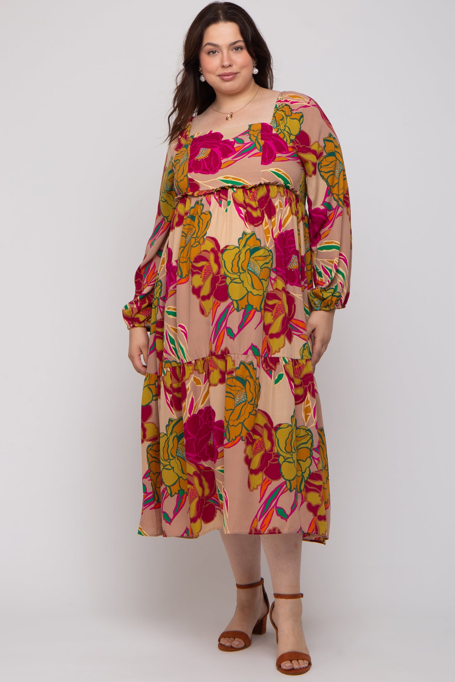Mocha Floral Long Sleeve Maternity Plus Midi Dress