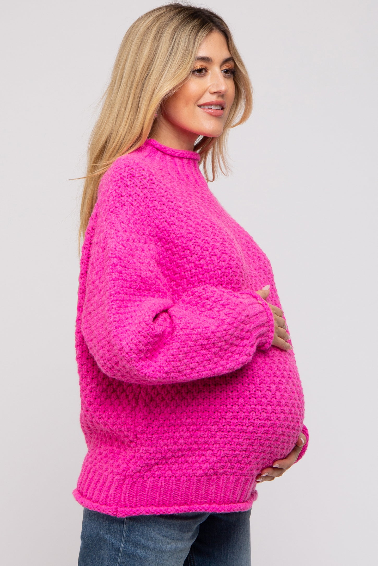 Fuchsia Chunky Knit Mock Neck Maternity Sweater