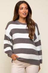 Grey Fuzzy Soft Striped Maternity Sweater