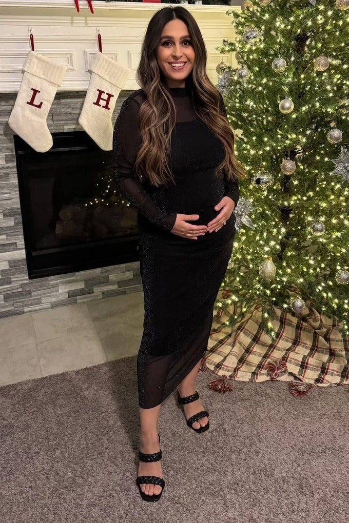 Black Shimmer Mesh Long Sleeve Ruched Maternity Midi Dress