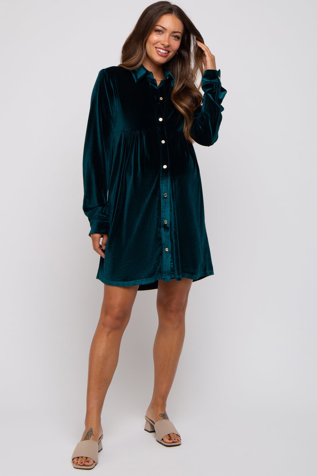 Emerald Green Velvet Button Down Maternity Dress