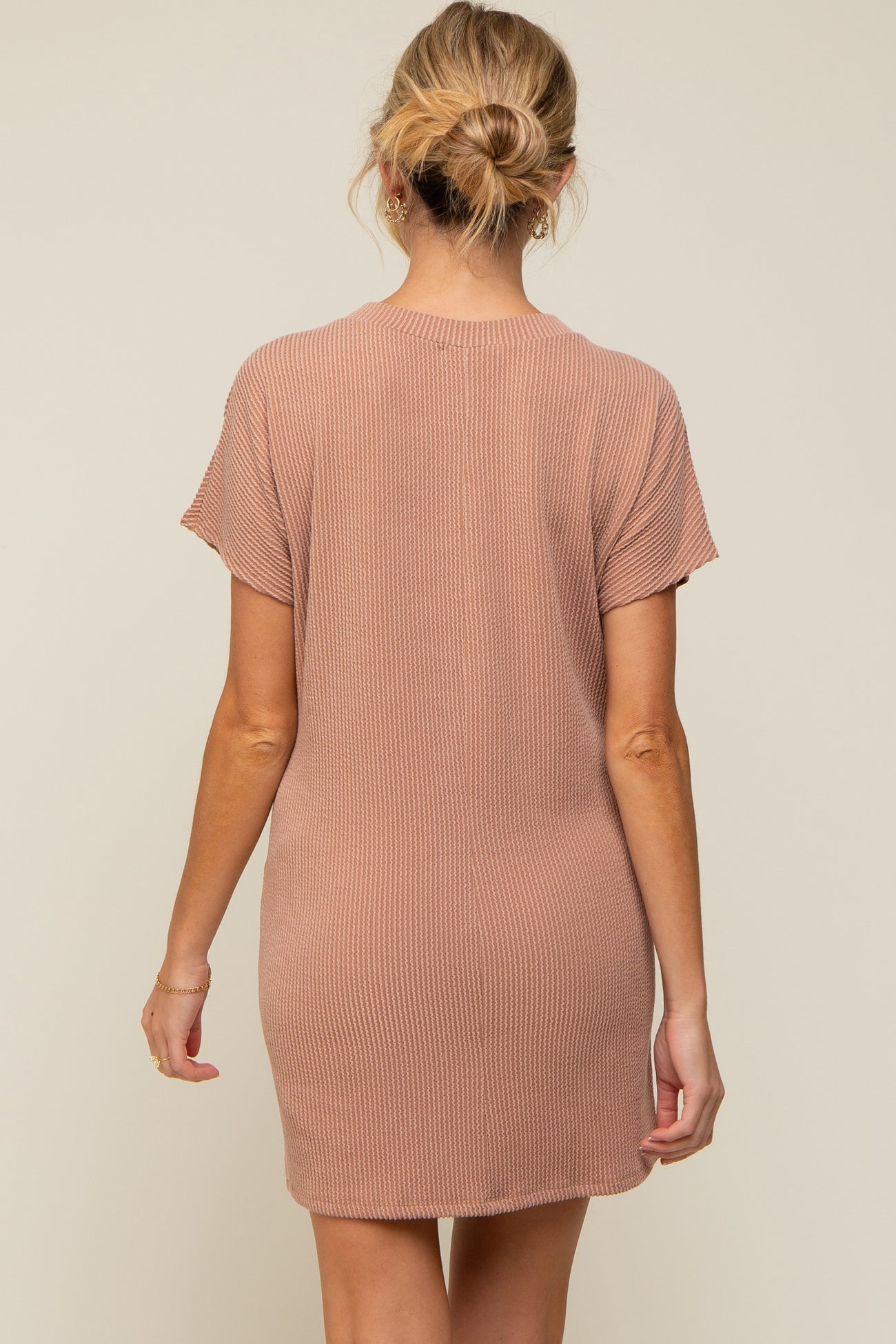 Camel Ribbed Front Pocket Dolman Short Sleeve Maternity Dress