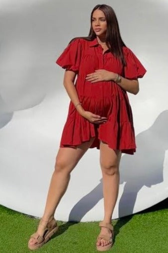 Rust Puff Sleeve Maternity Mini Shirt Dress