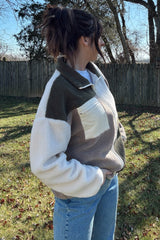 Olive Color Block Sherpa Contrast Pocket Jacket