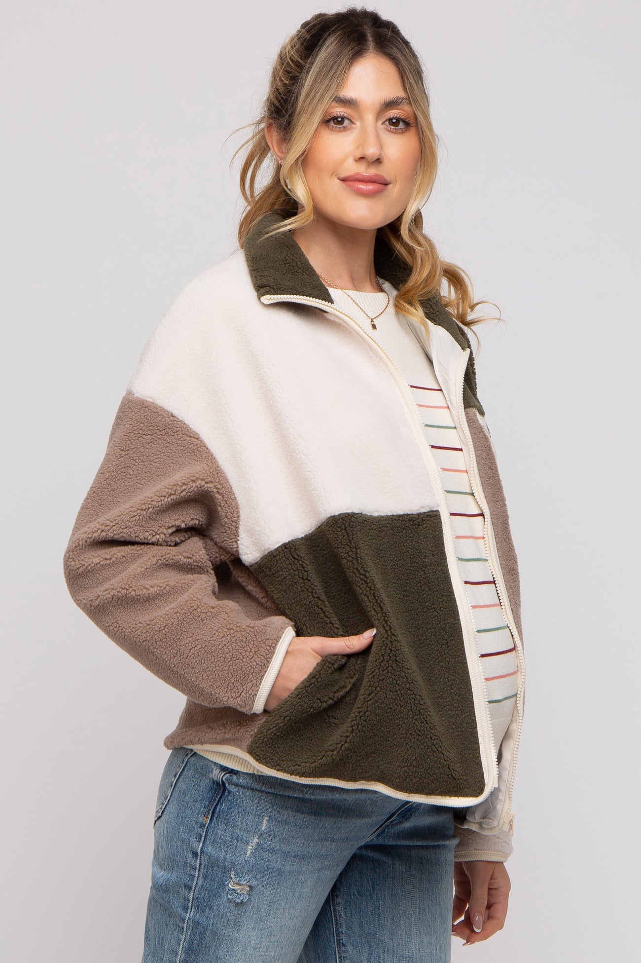 Olive Color Block Sherpa Contrast Pocket Maternity Jacket
