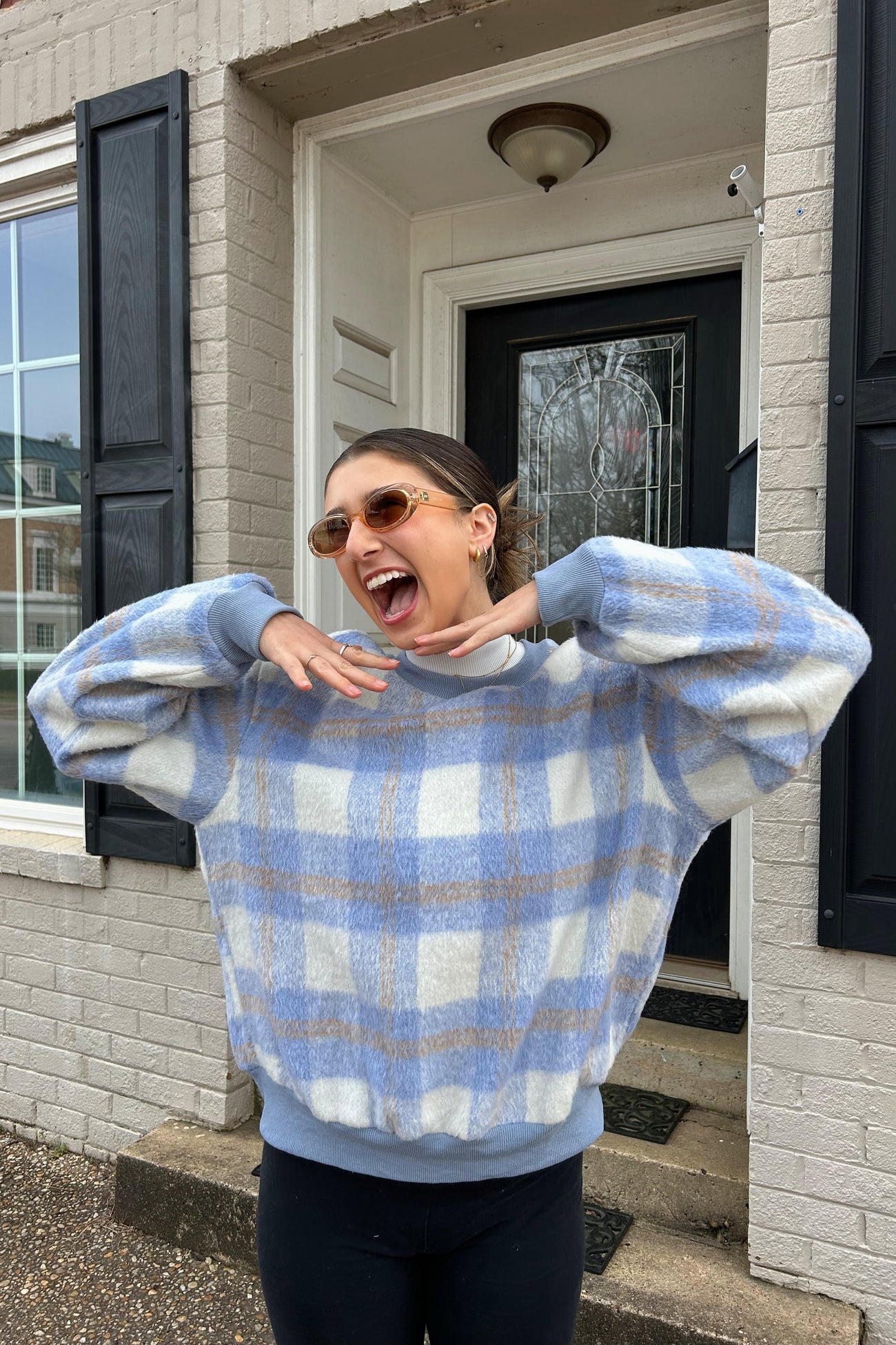 Light Blue Plaid Fuzzy Knit Pullover Sweater