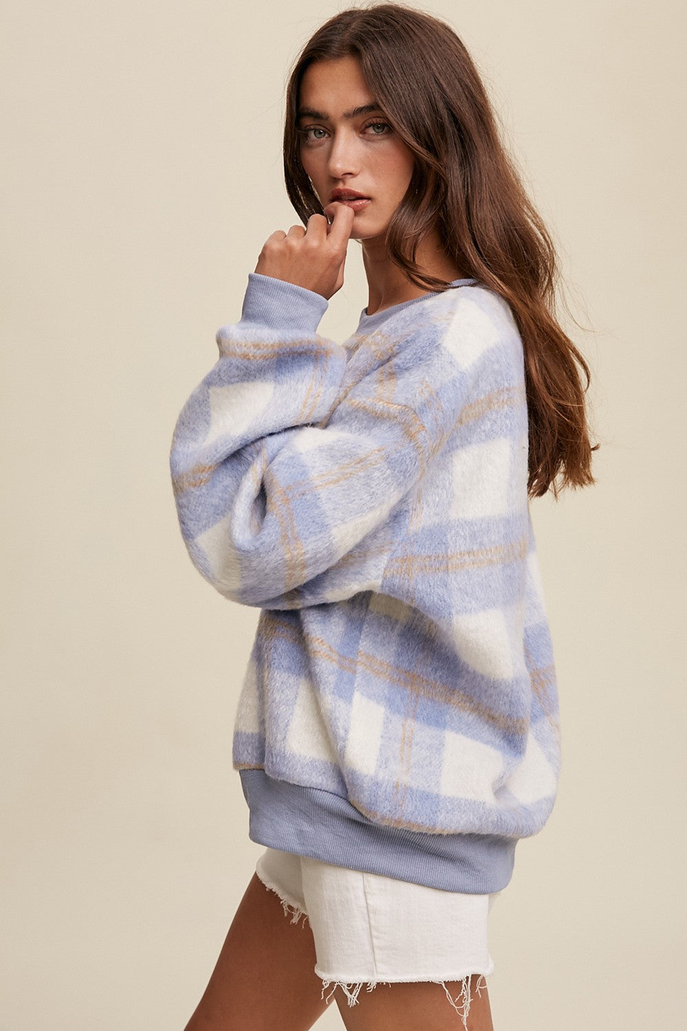 Light Blue Plaid Fuzzy Knit Pullover Sweater