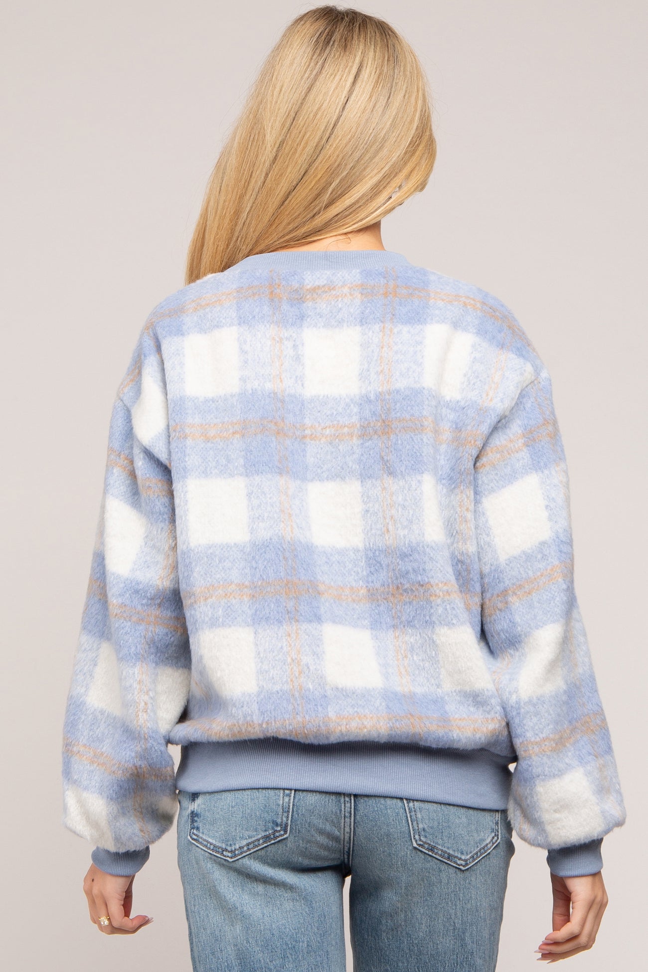 Light Blue Plaid Fuzzy Knit Maternity Pullover Sweater