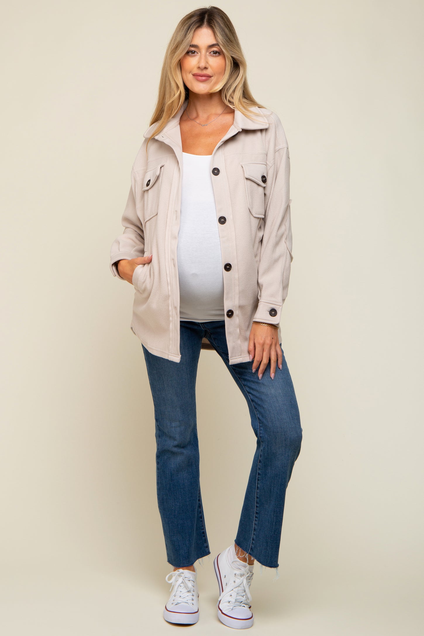 Beige Fleece Double Front Pocket Maternity Jacket