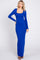 woman wearing a long sleeve royal blue fitted maxi dress with a square neckline