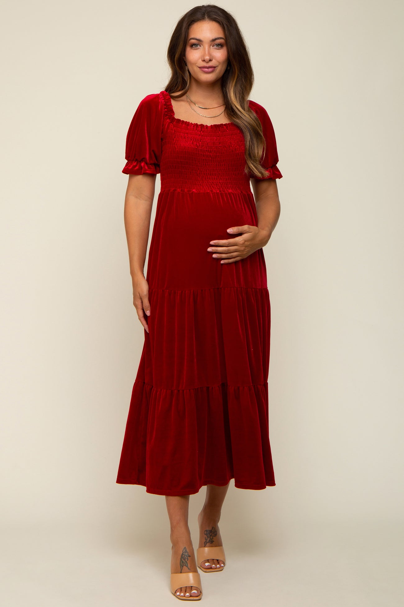 Red Velvet Tiered Maternity Midi Dress