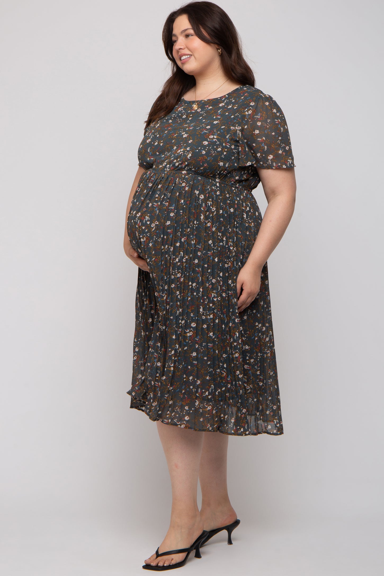 Forest Green Floral Pleated Chiffon Maternity Plus Midi Dress