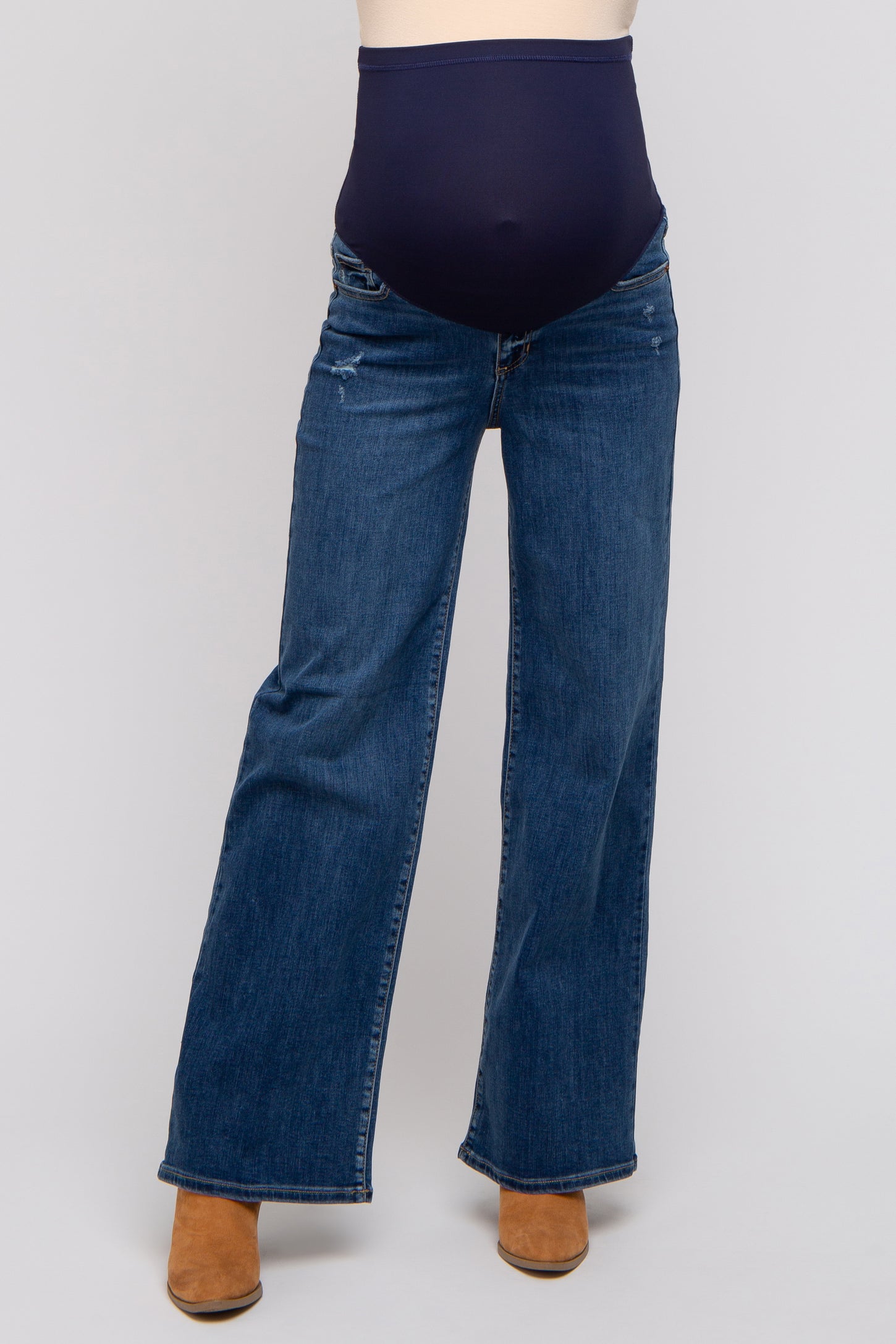 Navy Distressed Accent Wide Leg Maternity Jeans