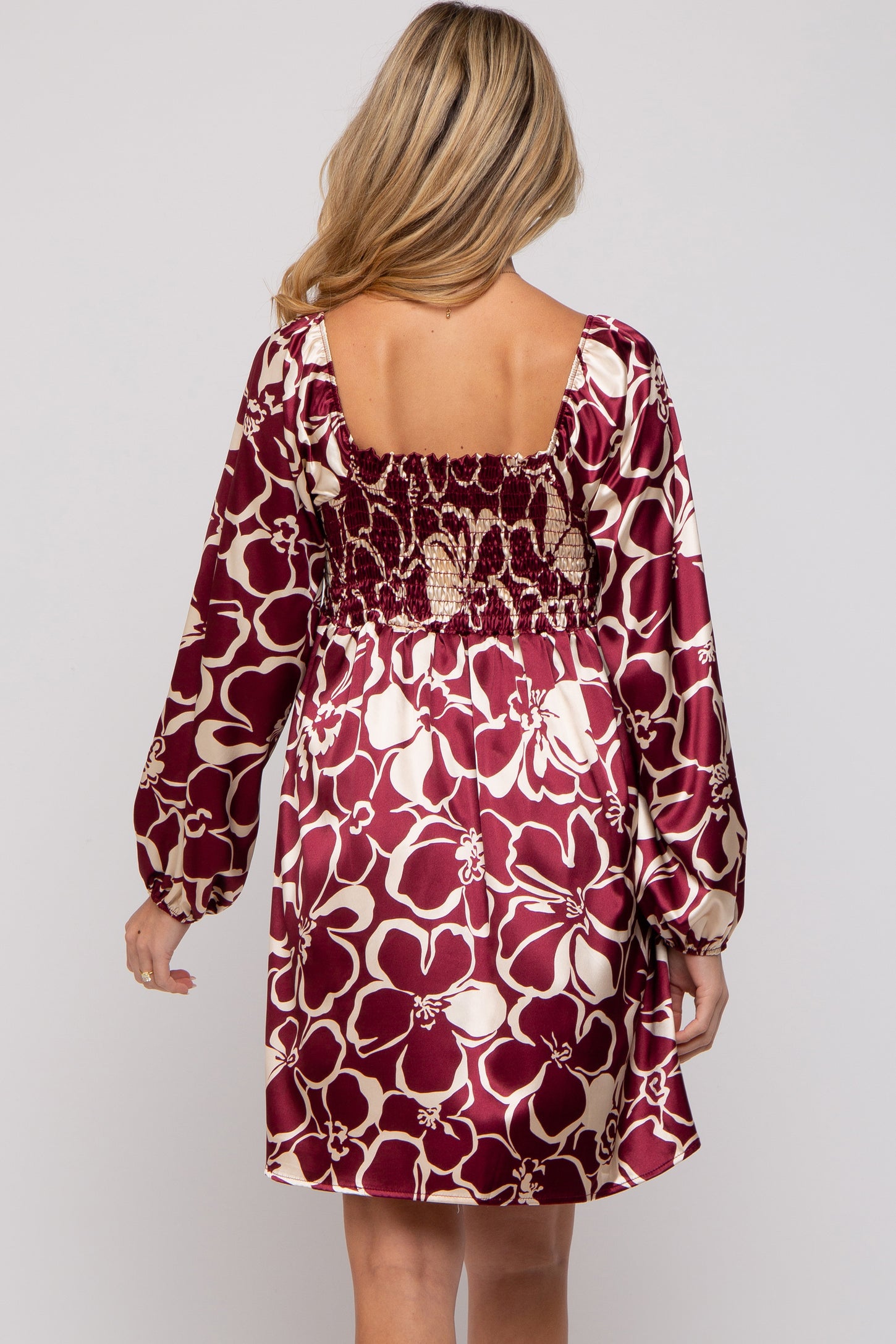 Burgundy Floral Satin Long Sleeve Maternity Dress