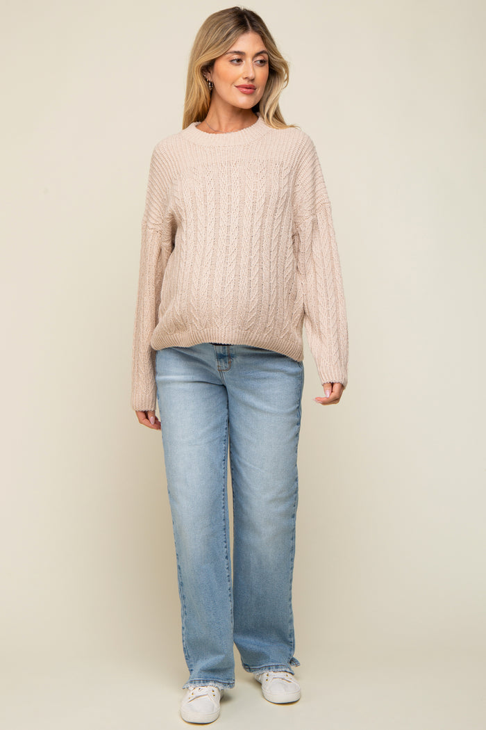 Cream Beige Cable Knit Maternity Sweater