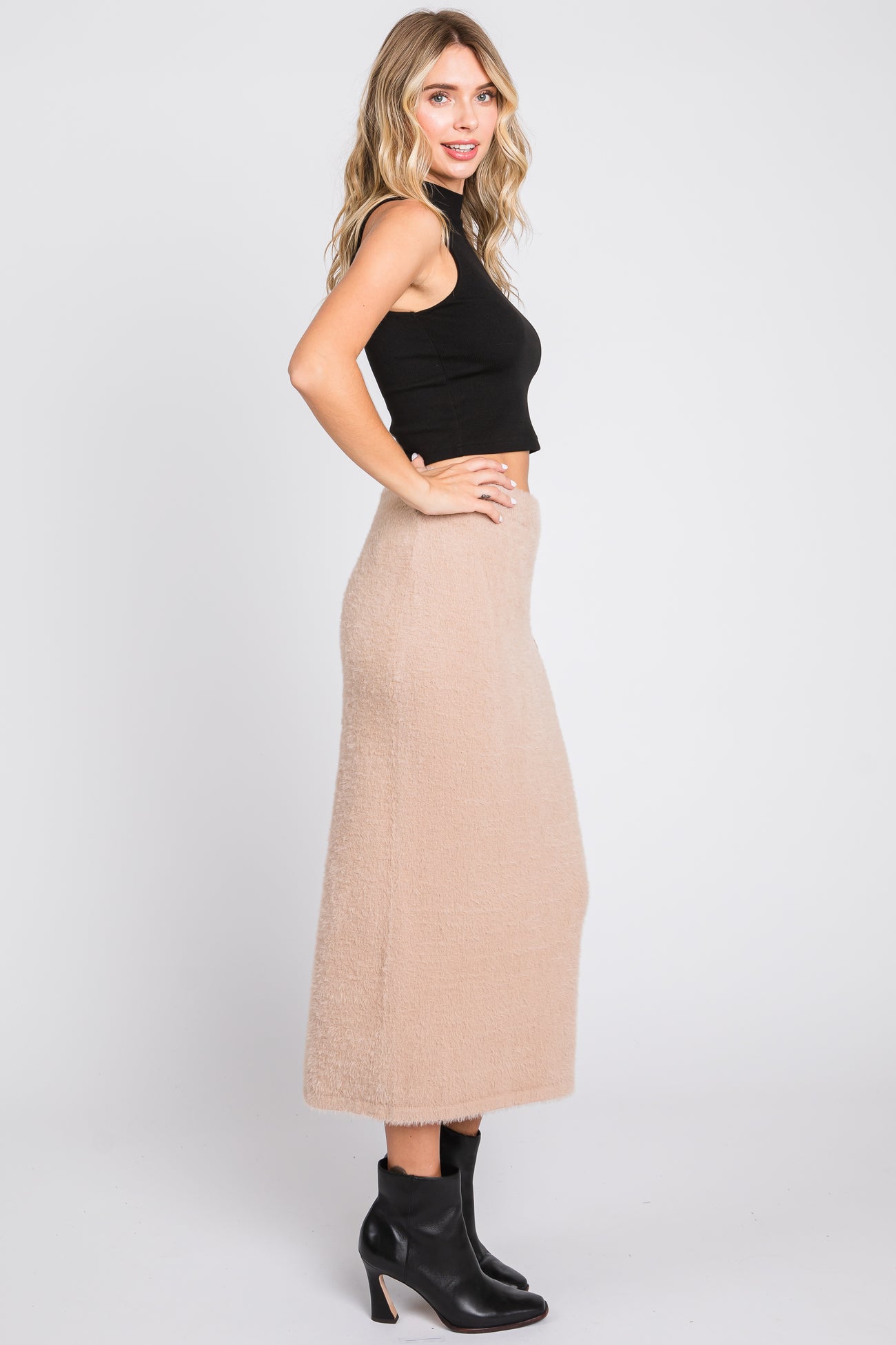 Beige Fuzzy Soft Knit Midi Skirt