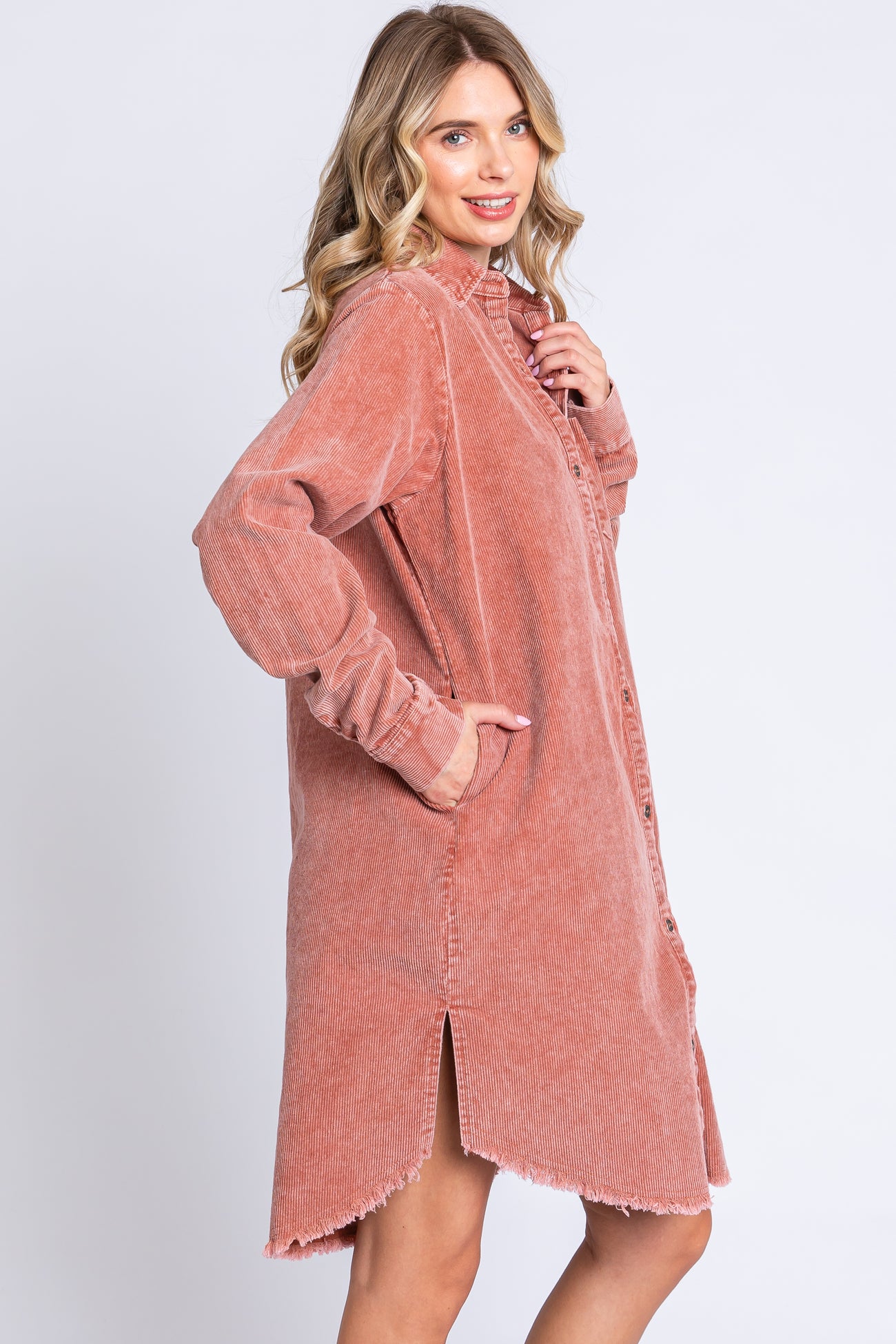 Rust Corduroy Button Down Collared Dress