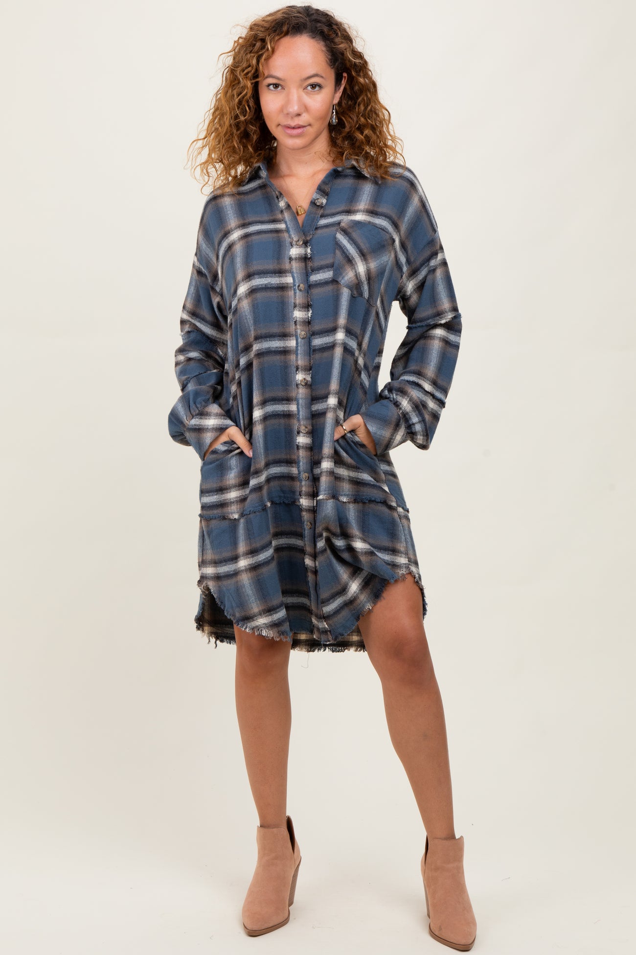 Blue Plaid Button Down Raw Hem Dress