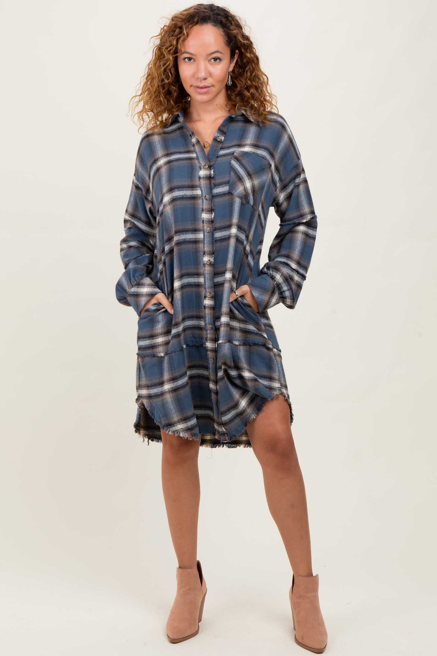 Blue Plaid Button Down Raw Hem Dress