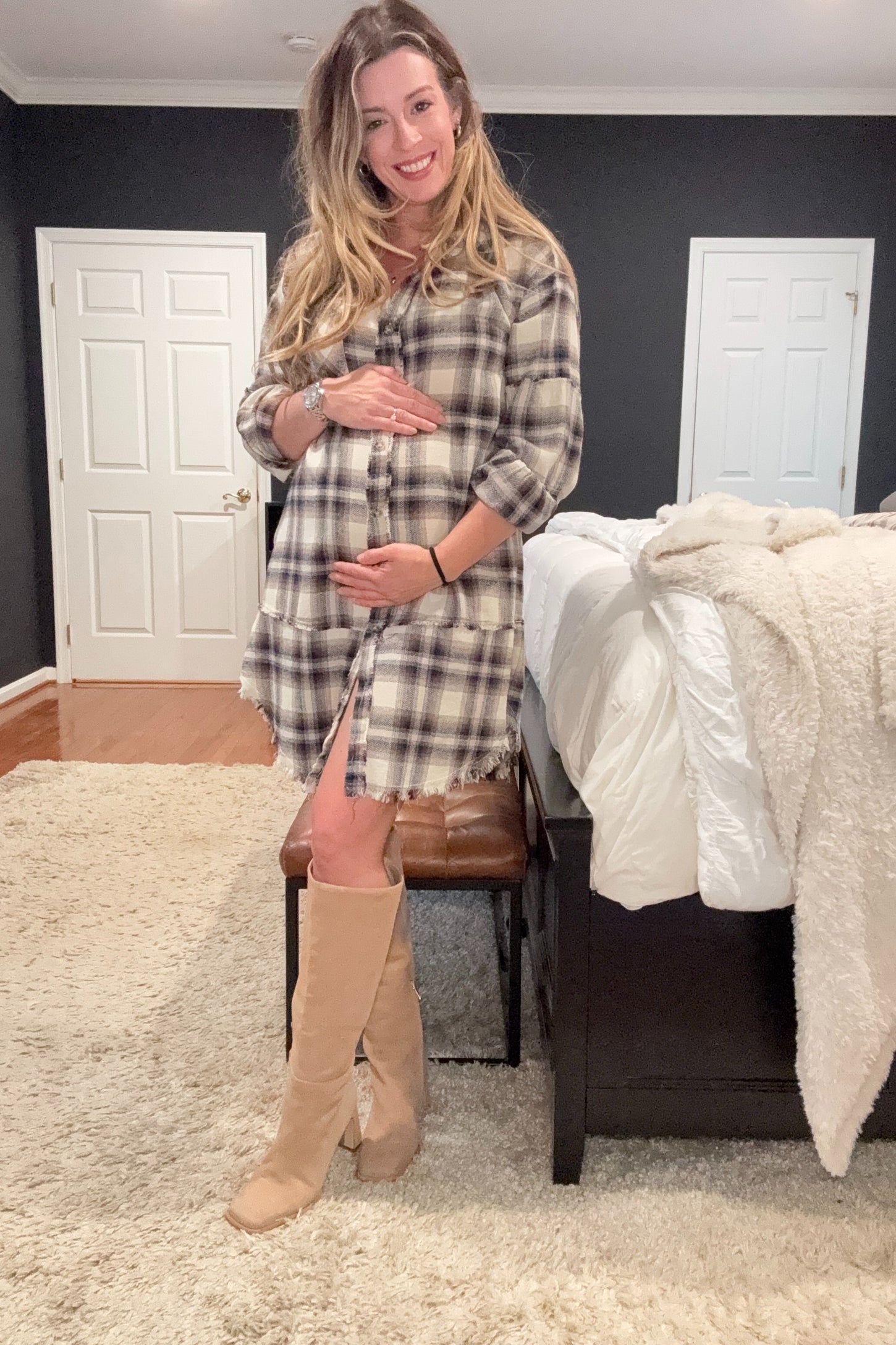 Taupe Plaid Button Down Raw Hem Maternity Dress