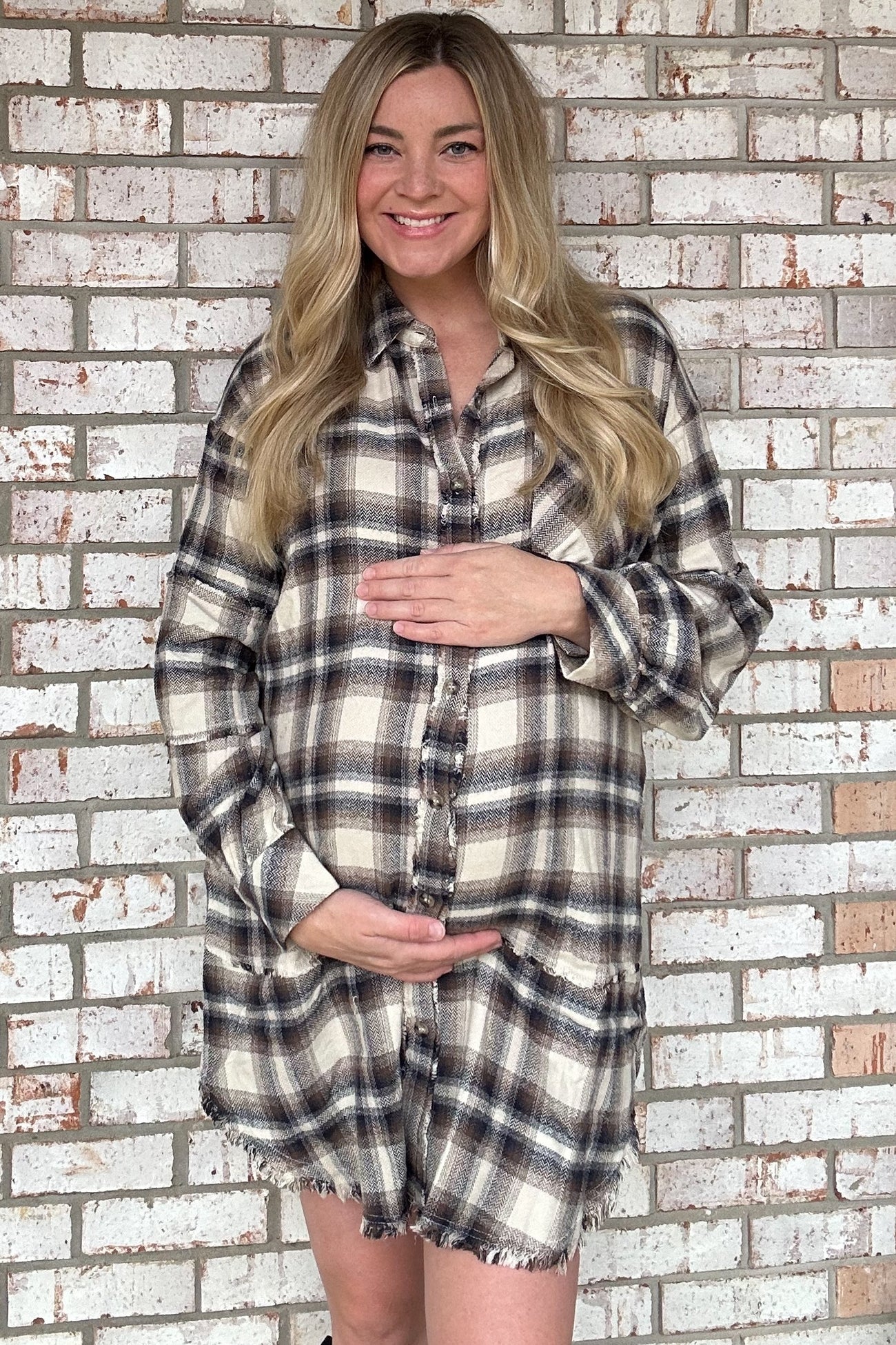 Taupe Plaid Button Down Raw Hem Maternity Dress