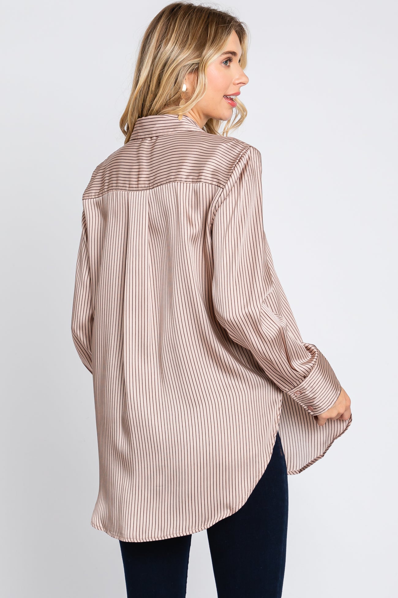 Mauve Striped Satin Button Up Top
