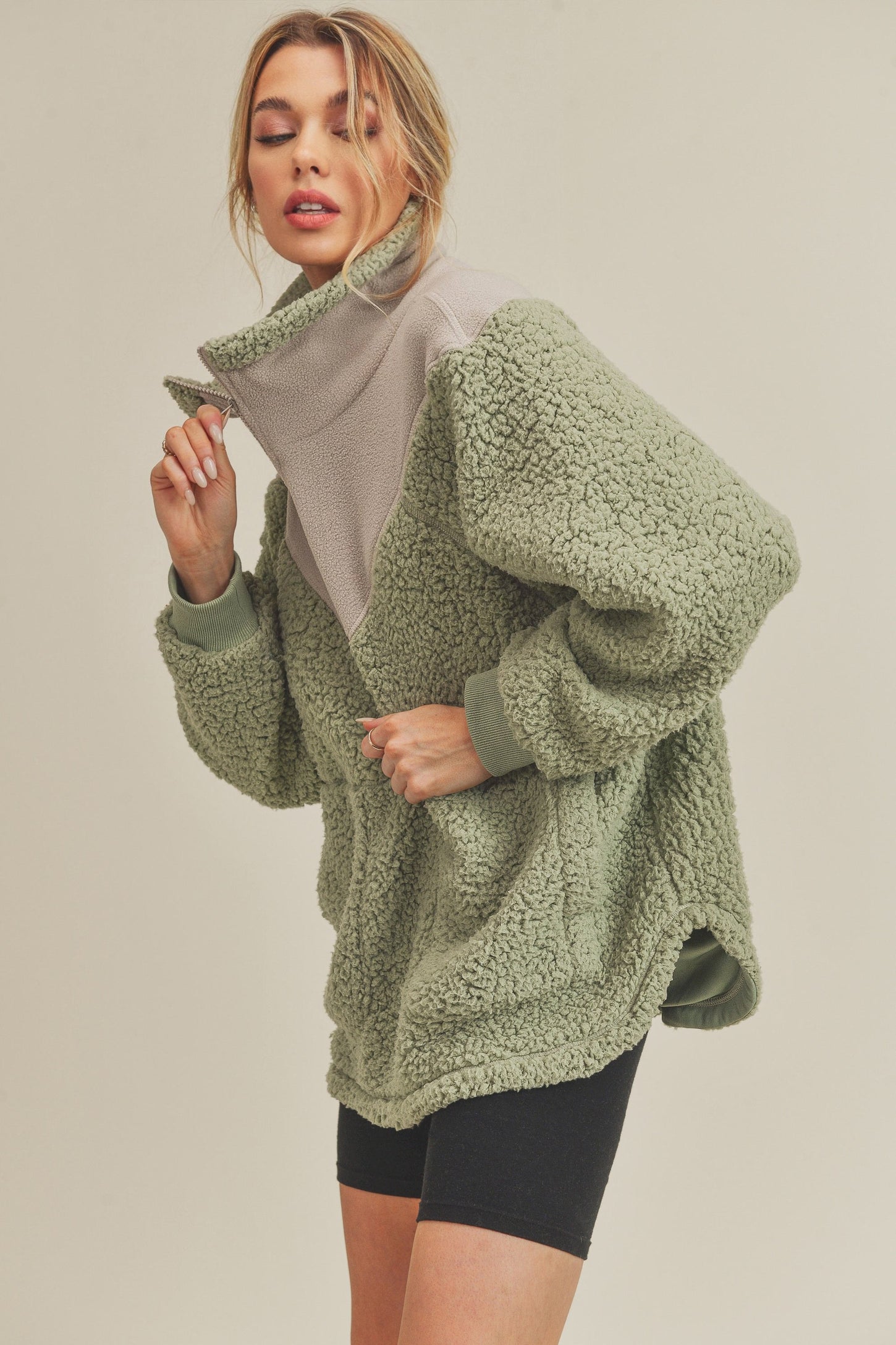 Green Colorblock Half Zip Fleece Pullover