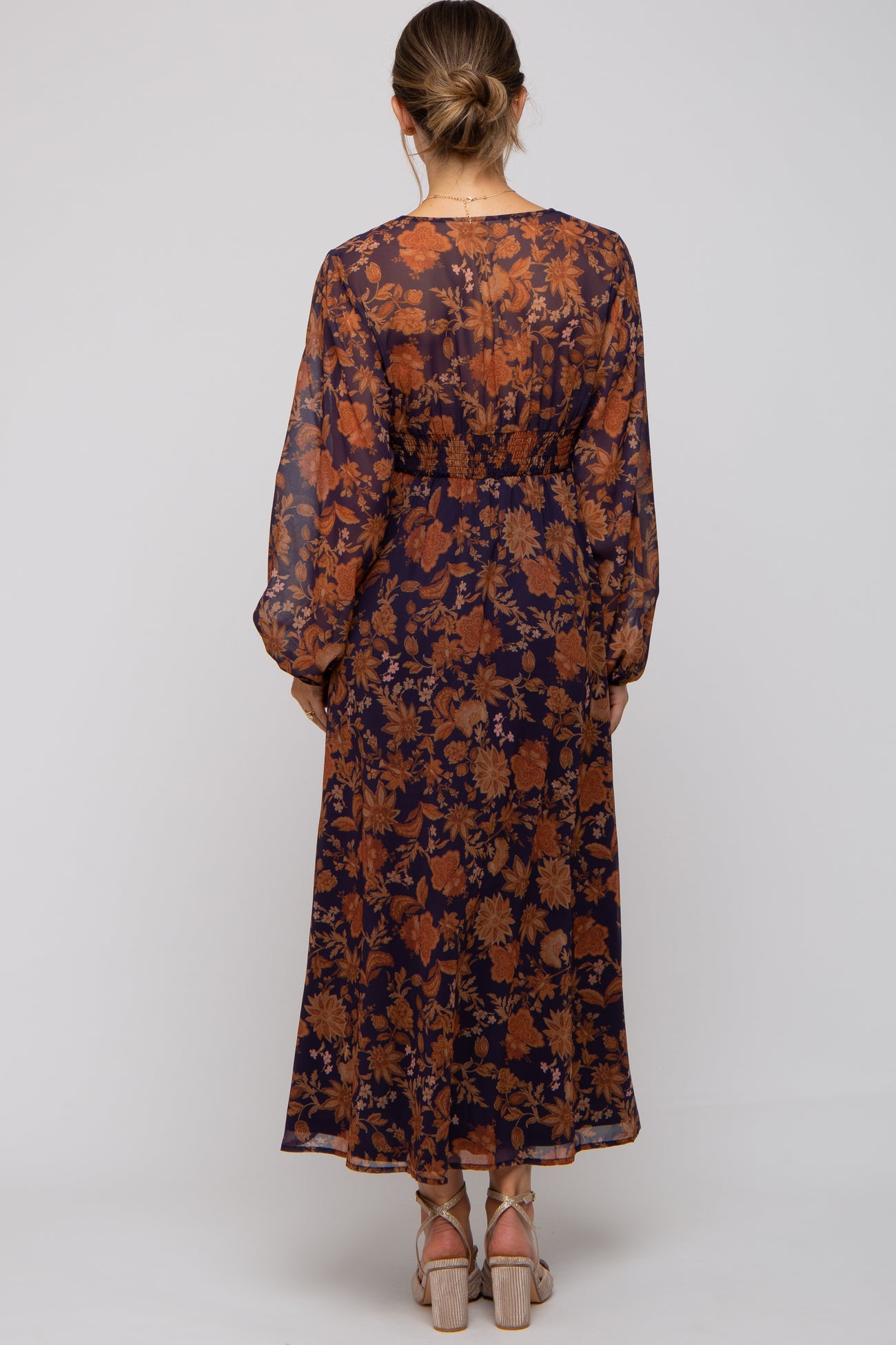 Navy Floral Long Sleeve V-Neck Maternity Maxi Dress