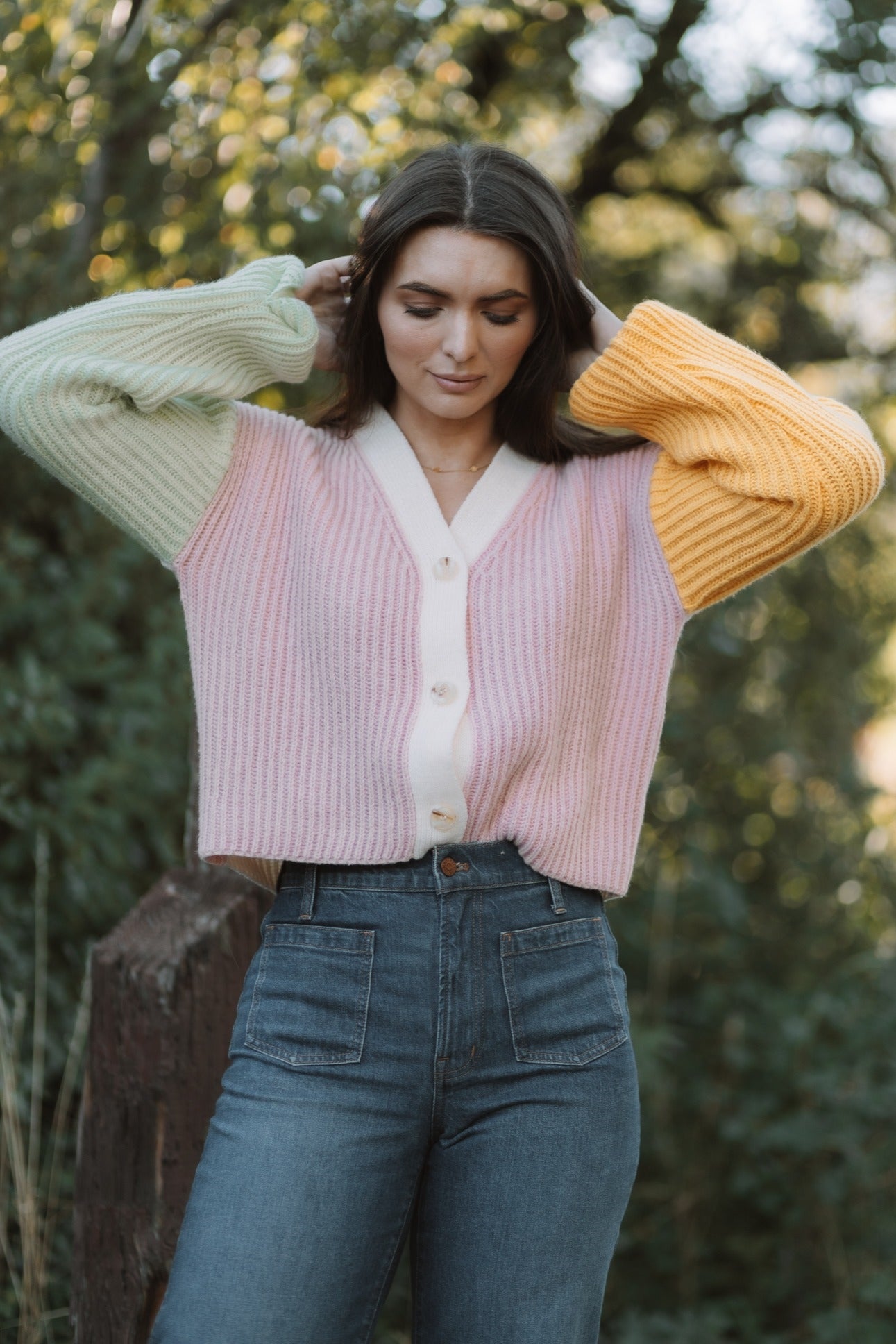 Pink Multi Color Block Knit Sweater Cardigan