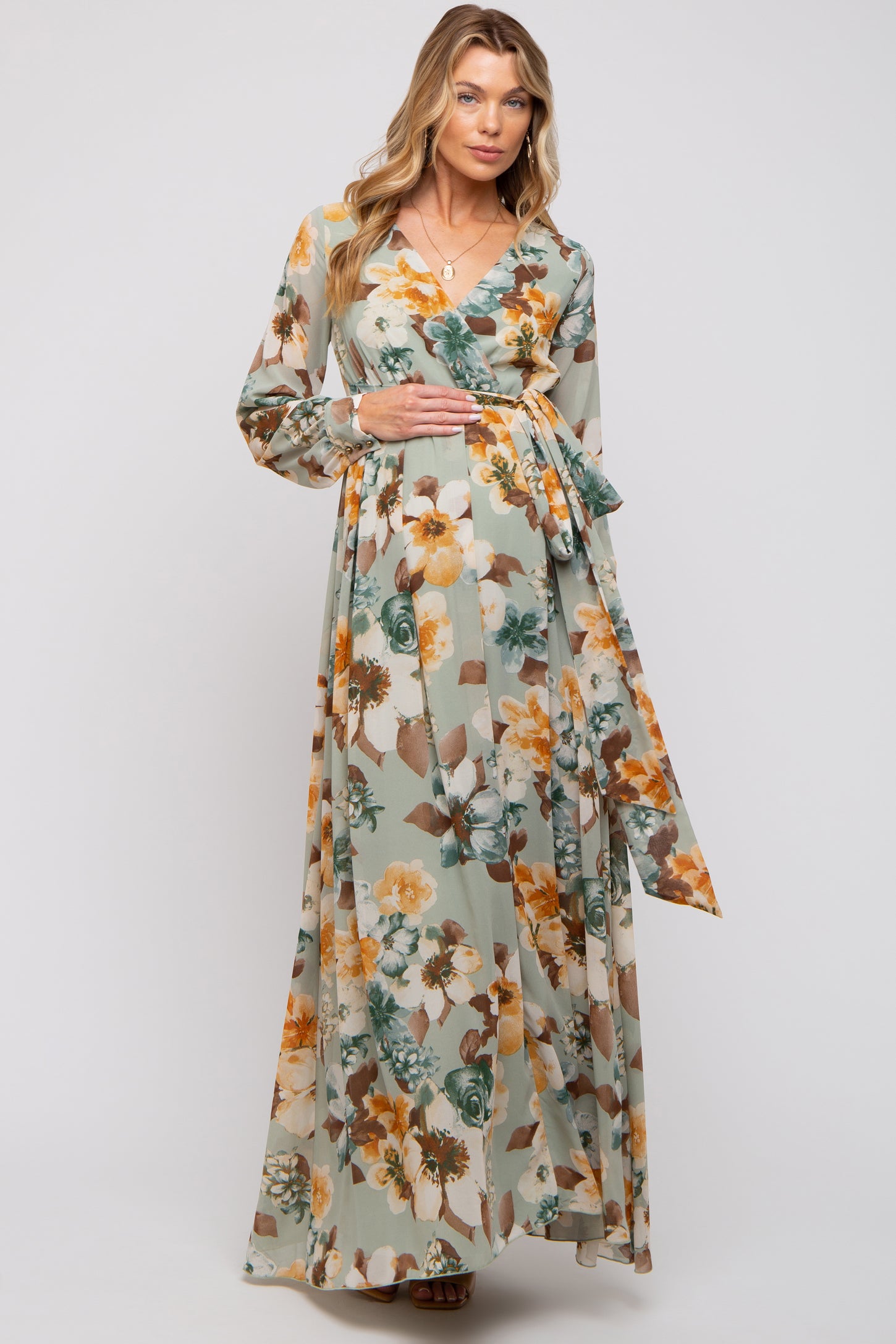 Mint Green Floral Chiffon Wrap Front V-Neck Long Sleeve Maternity Maxi Dress