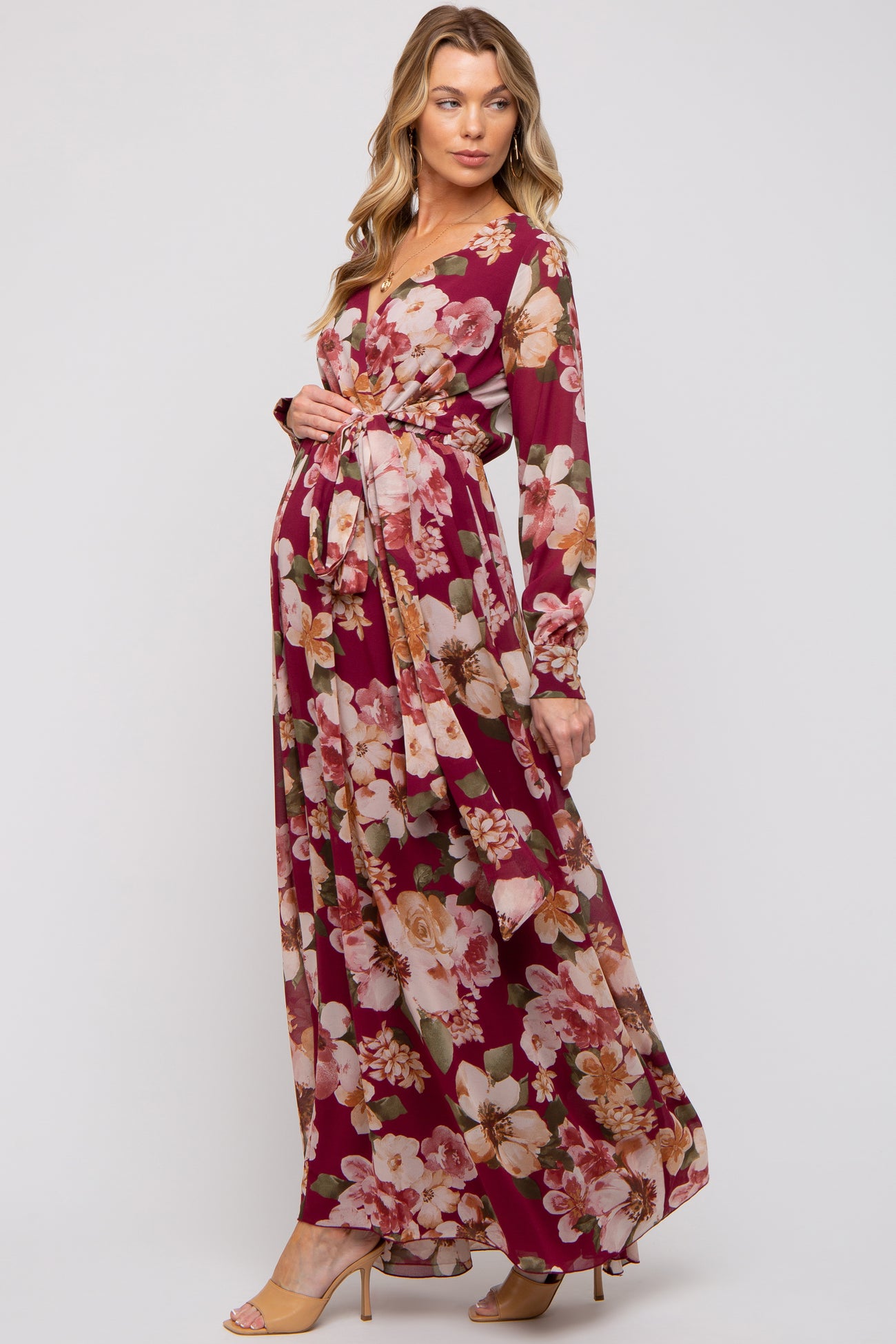 Burgundy Floral Chiffon Wrap Front V-Neck Long Sleeve Maternity Maxi Dress