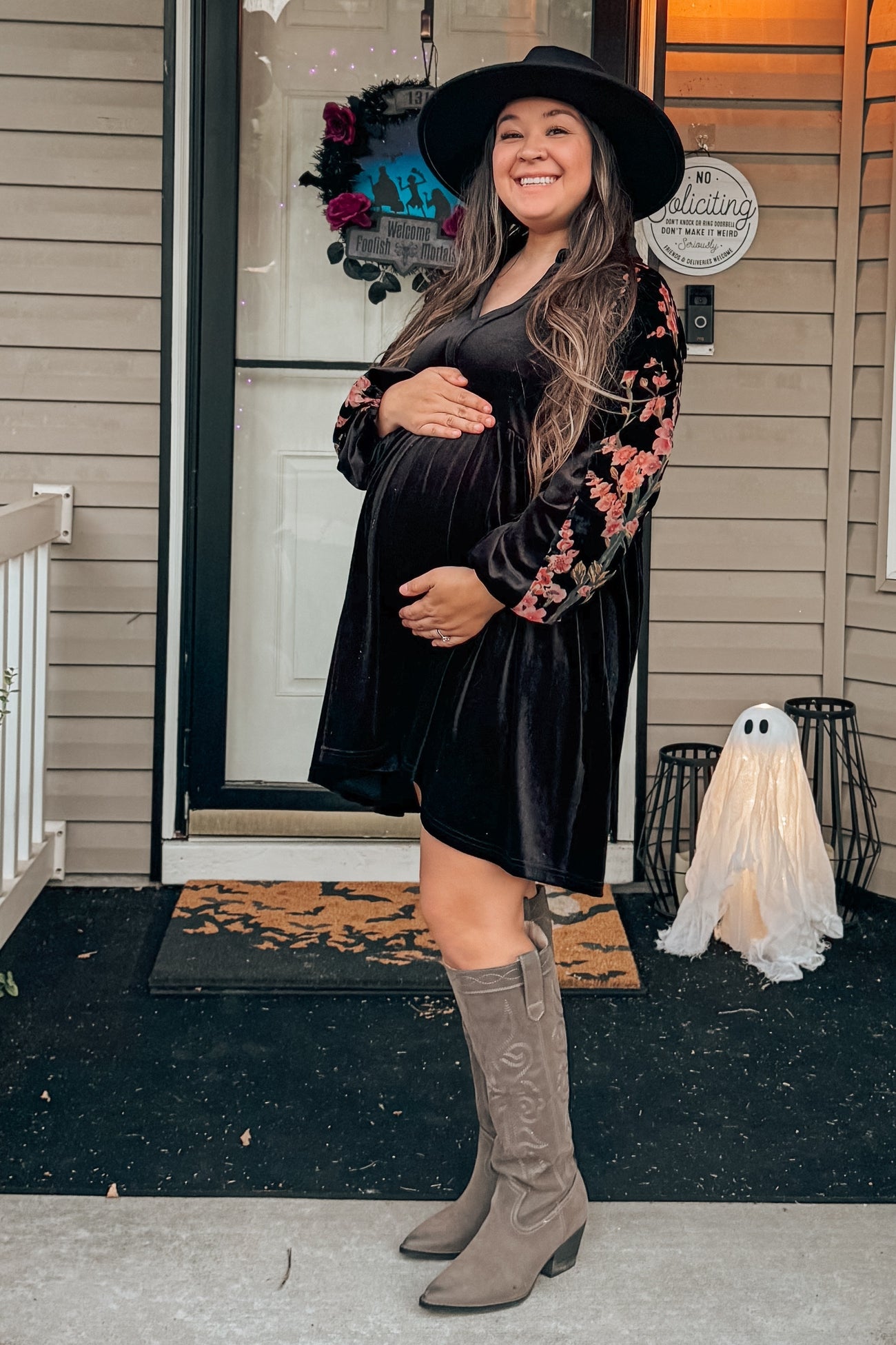 Black Velvet Floral Long Sleeve Maternity Dress