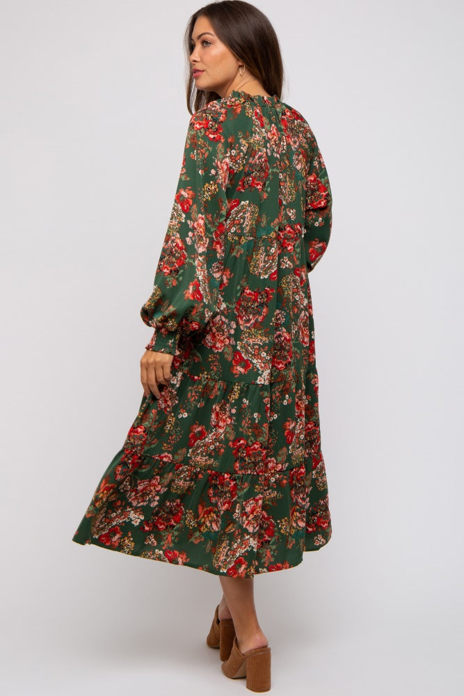Forest Green Floral Ruffle Neck Tiered Maternity Midi Dress