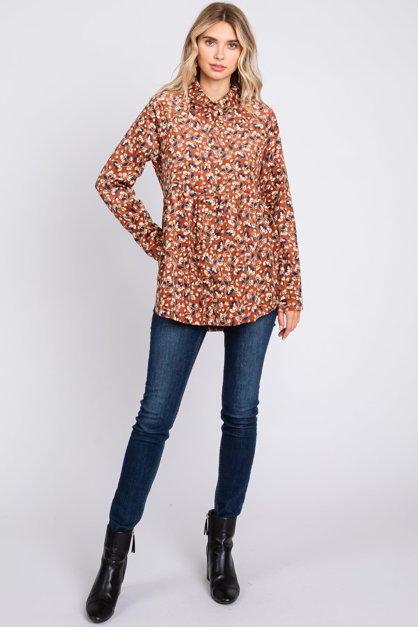 Brown Floral Corduroy Button Up Top