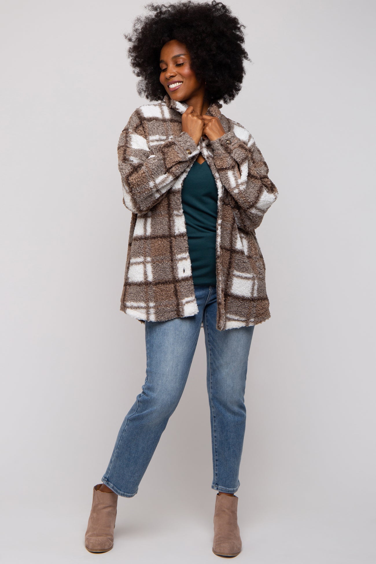 Brown Plaid Sherpa Jacket