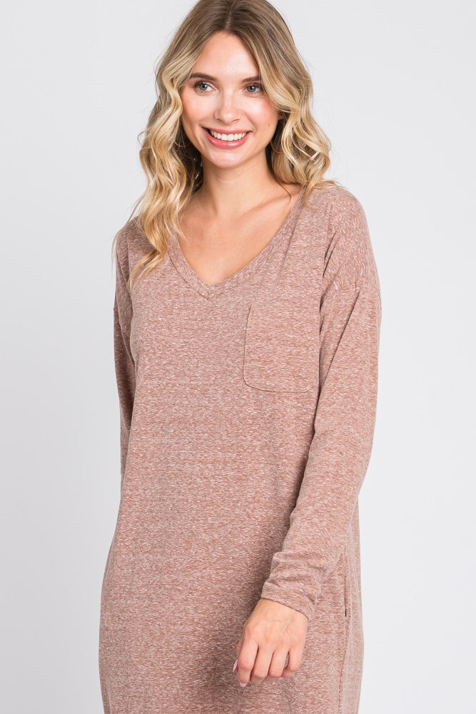 Mocha Heathered Pocketed Long Sleeve Maxi Dress