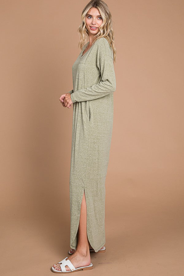 Light Olive Heathered Pocketed Long Sleeve Maxi Dress
