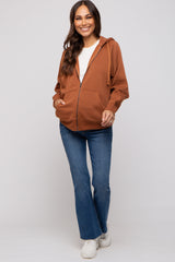 Camel Front Zipper Hooded Maternity Sweater