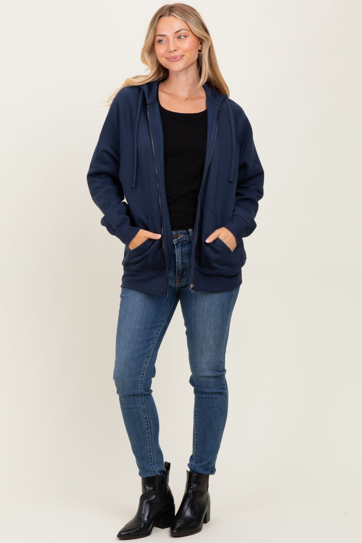 Navy Front Zipper Hooded Sweater