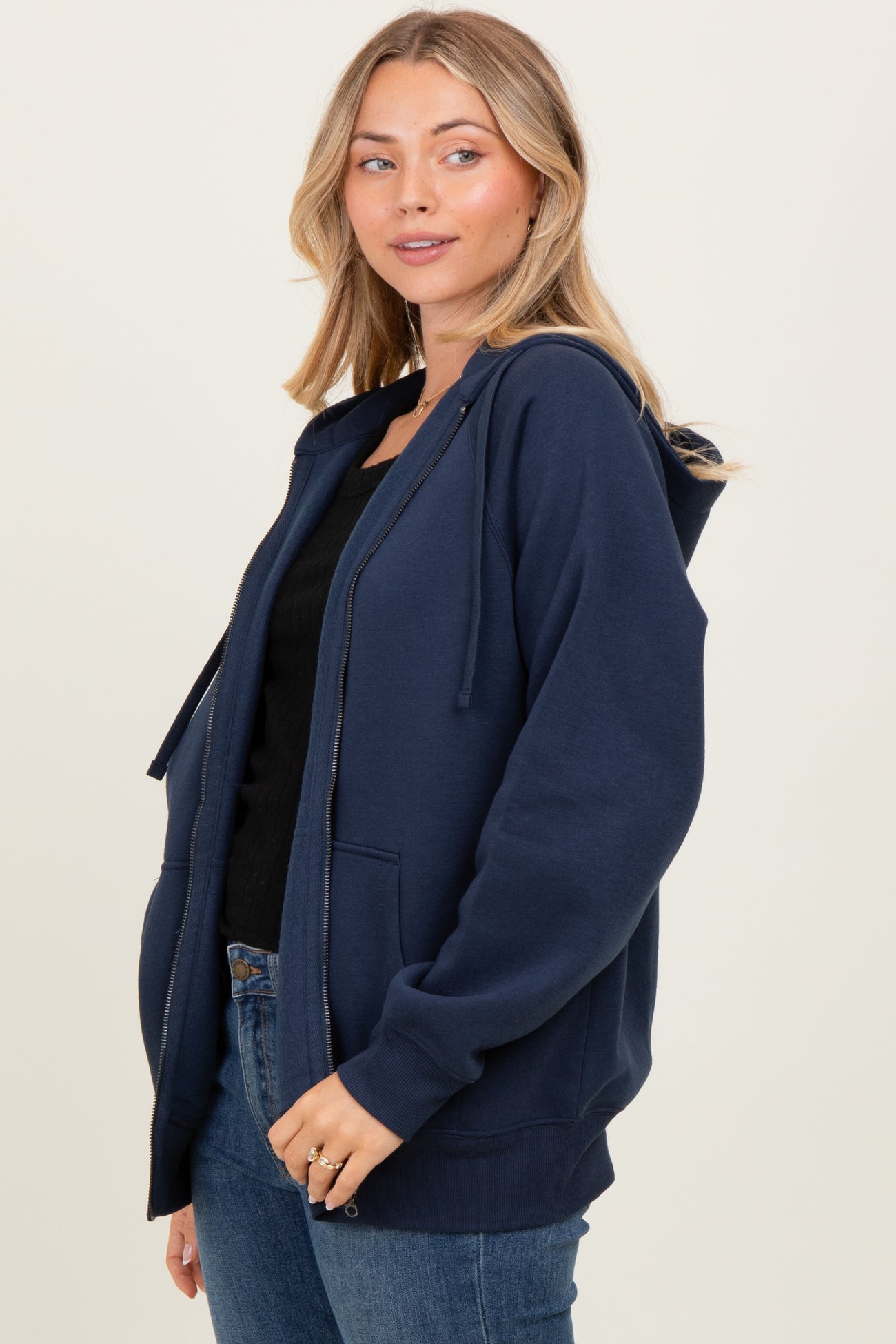 Navy Front Zipper Hooded Sweater