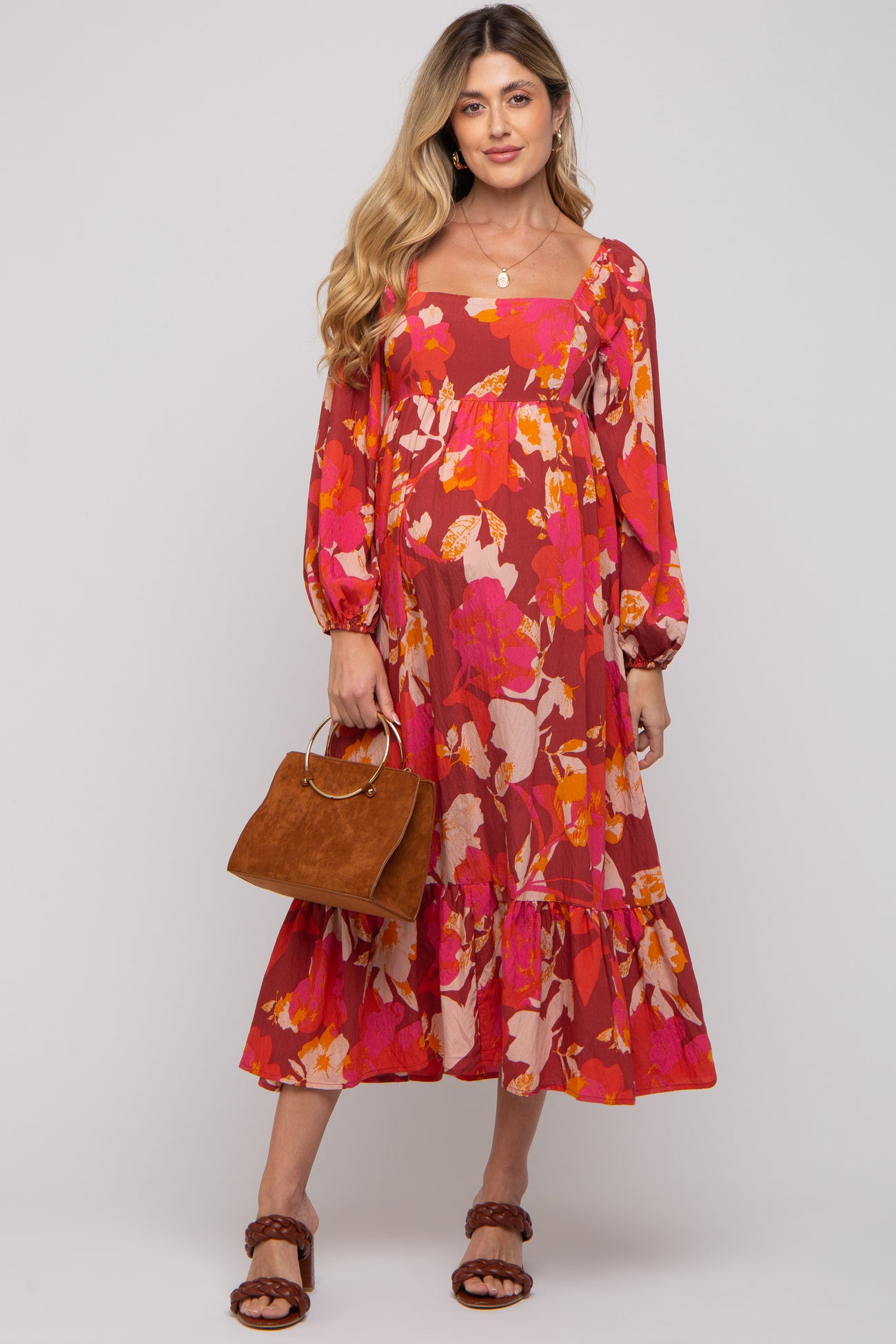 Rust Floral Square Neck Long Sleeve Maternity Midi Dress