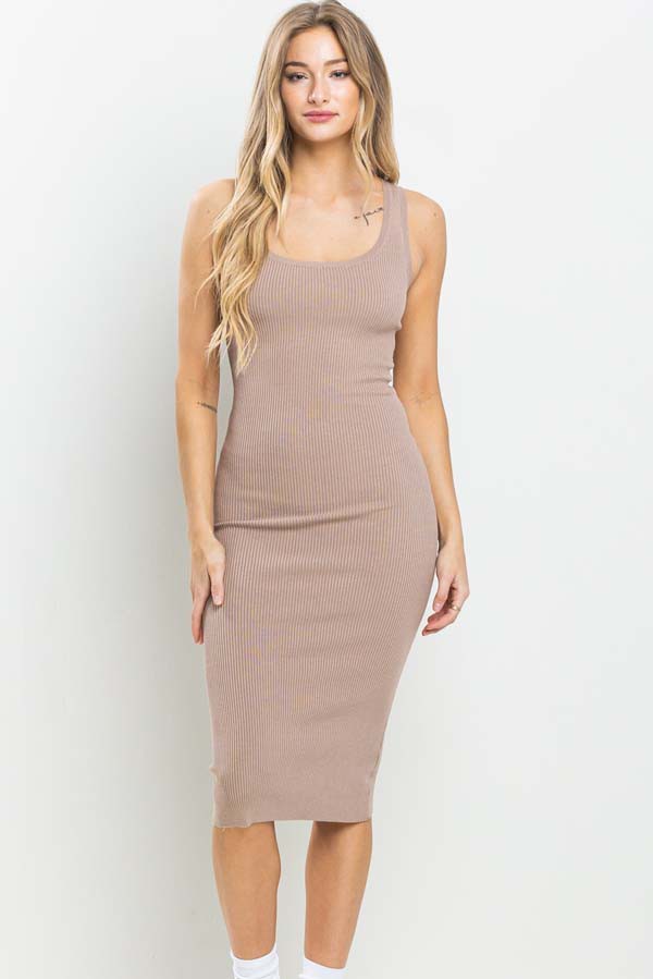 Mocha Fitted Knit Midi Dress