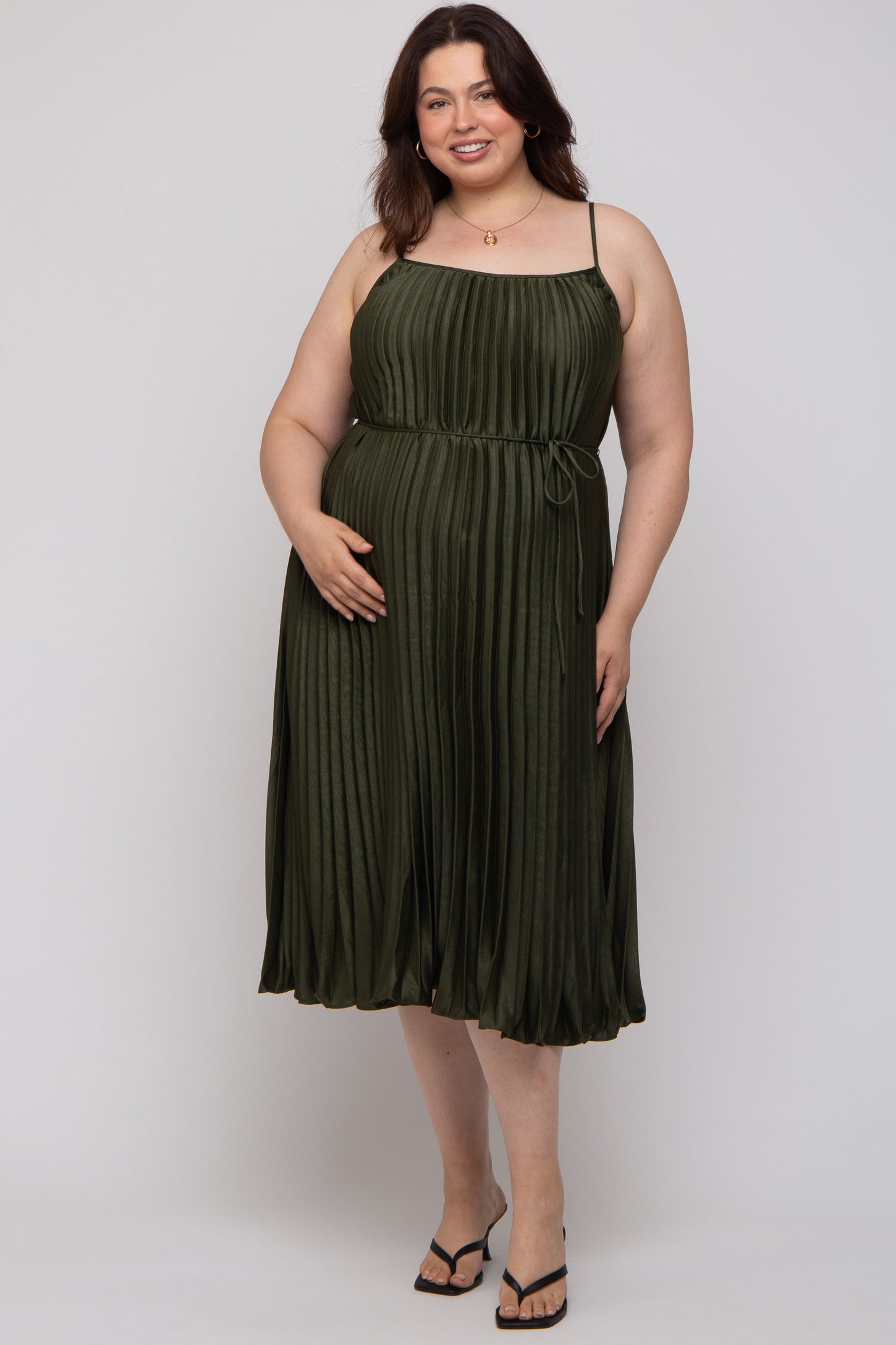 Forest Green Pleated Sleeveless Waist Tie Maternity Plus Maxi Dress