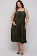 Forest Green Pleated Sleeveless Waist Tie Maternity Plus Maxi Dress