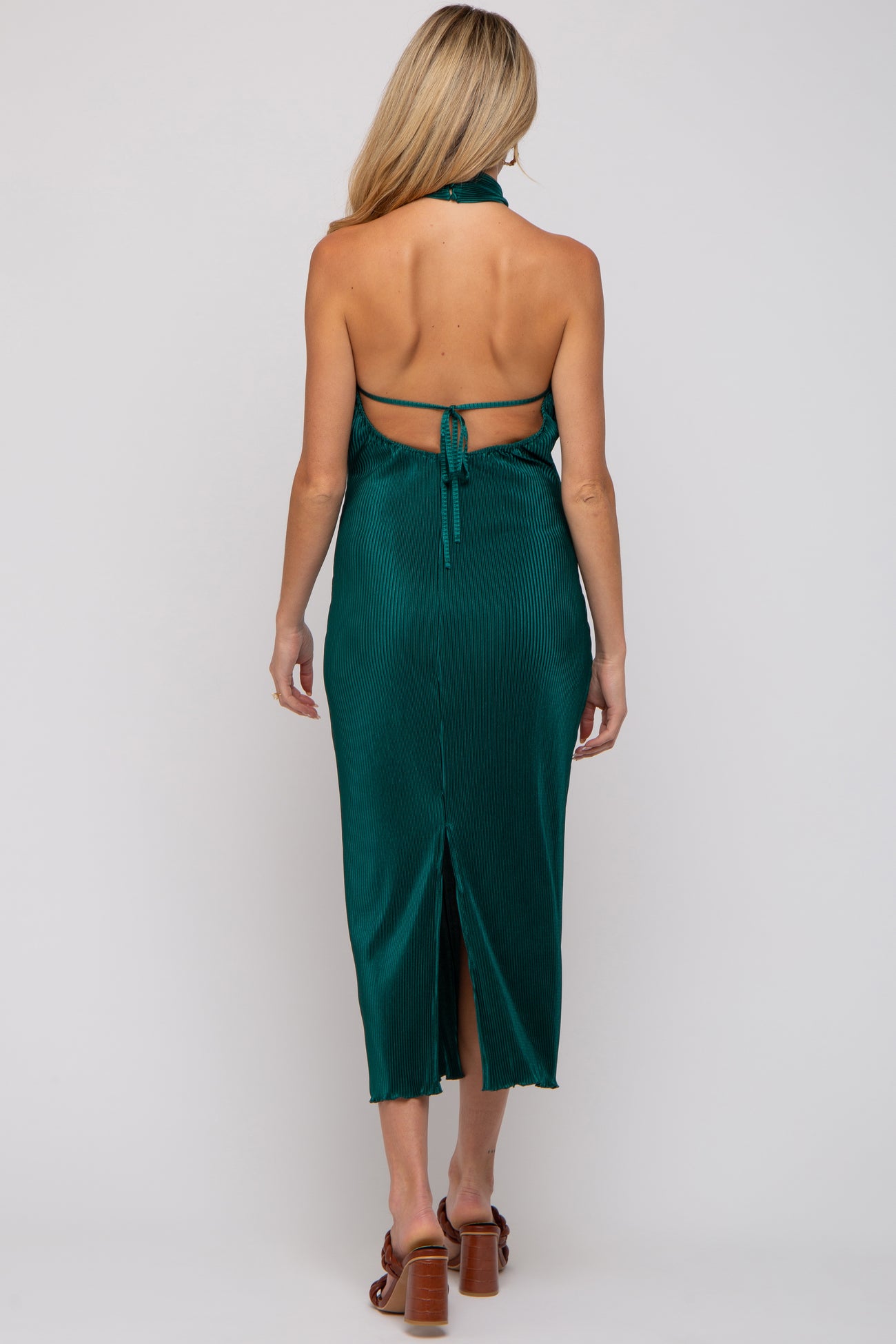 Forest Green Knot Front Plisse Halter Maternity Midi Dress