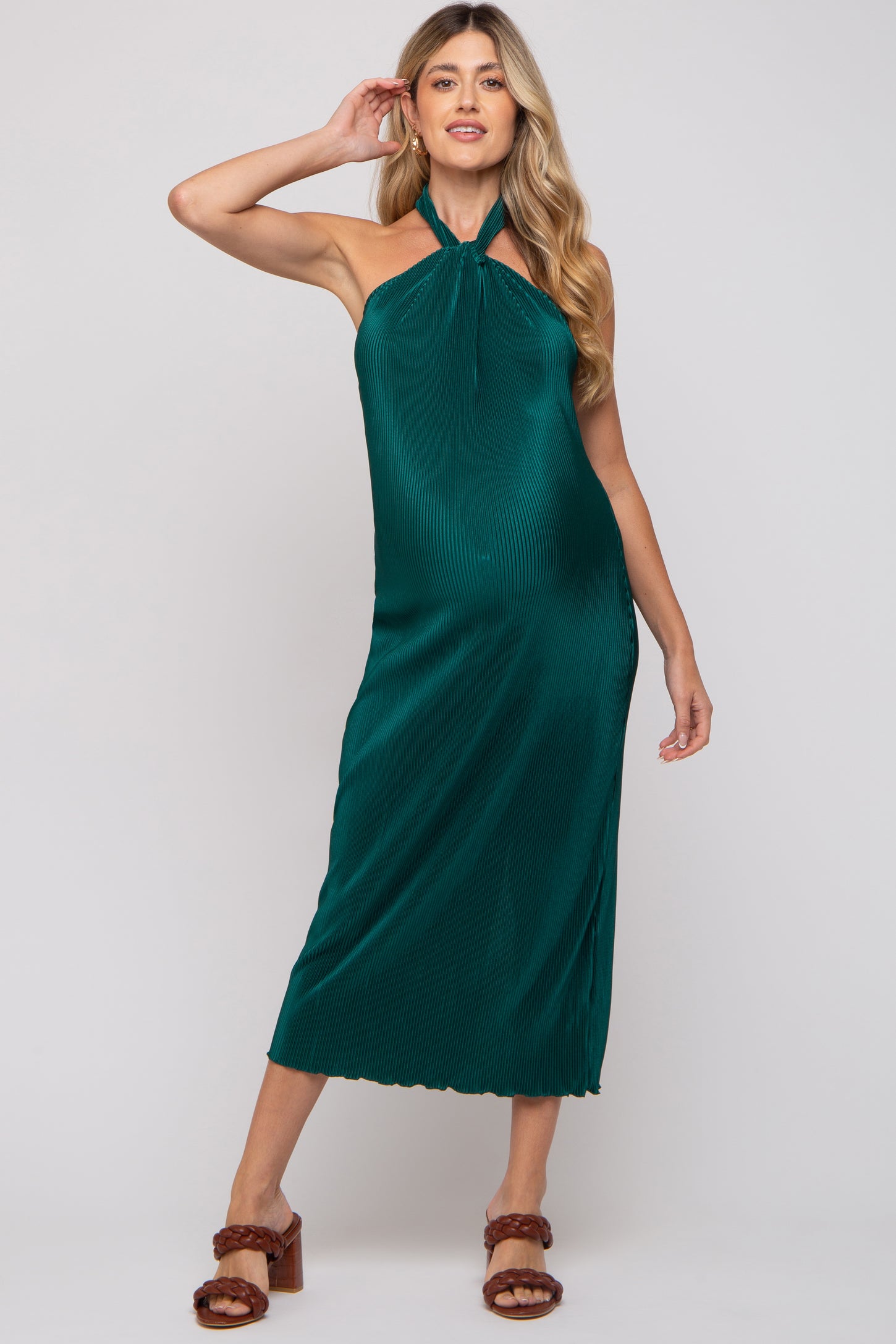 Forest Green Knot Front Plisse Halter Maternity Midi Dress