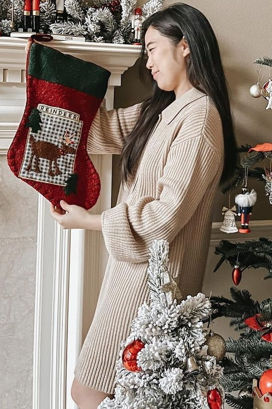 Beige Collared Button Front Sweater Dress